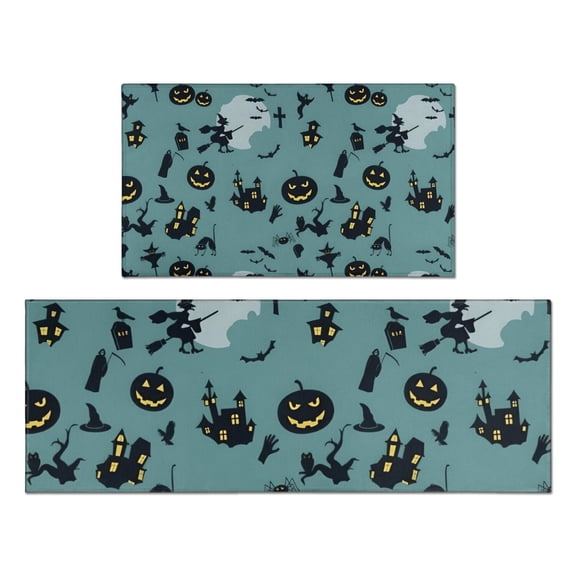 Halloween Witchy Motifs Pattern Kitchen Rugs Sets Of 2,Anti Fatigue Kitchen Mat Rugs Non Slip Washable,Decorative Kitchen Floor Mats for Kitchen,Sink,Laundry,17"x30"+17"x47"