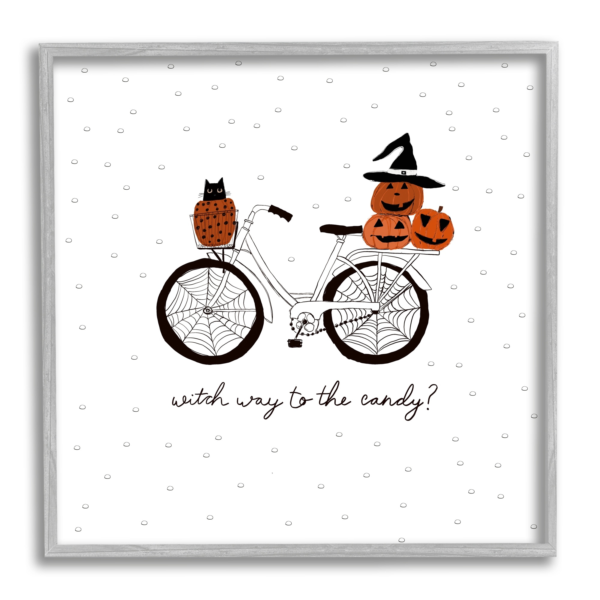 Halloween Witty Calligraphy Patterned Pumpkins Cat Bicycle Transportation Graphic Art Framed Art Print Wall Art