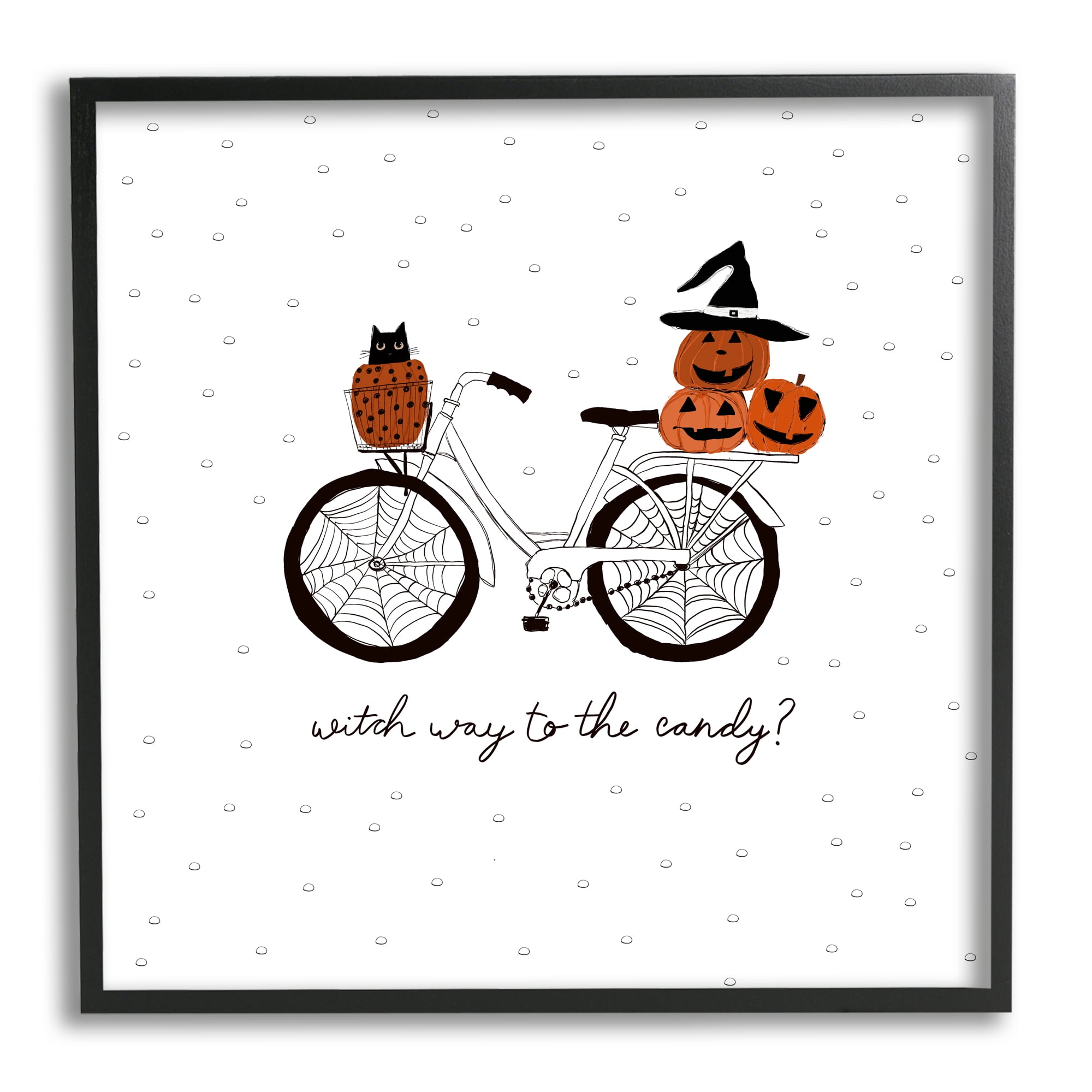 Halloween Witty Calligraphy Patterned Pumpkins Cat Bicycle Transportation Graphic Art Framed Art Print Wall Art