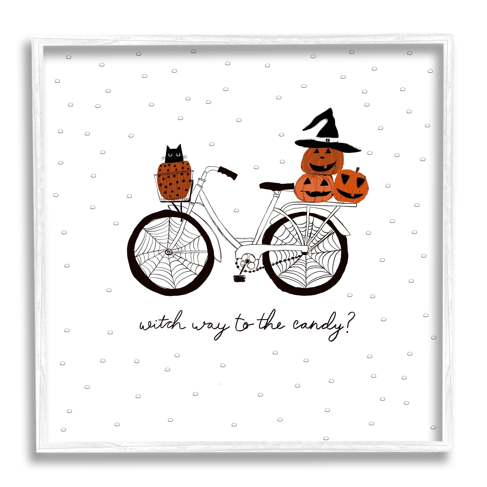 Halloween Witty Calligraphy Patterned Pumpkins Cat Bicycle Transportation Graphic Art Framed Art Print Wall Art