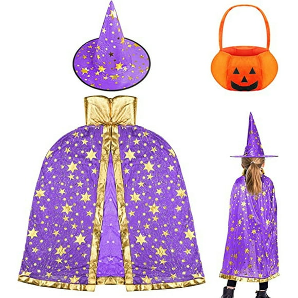 Halloween Wizard Cape Witch Cloak with Wizard Hat and 2 Pumpkin Goody Bag Suitable for 12 Years Child