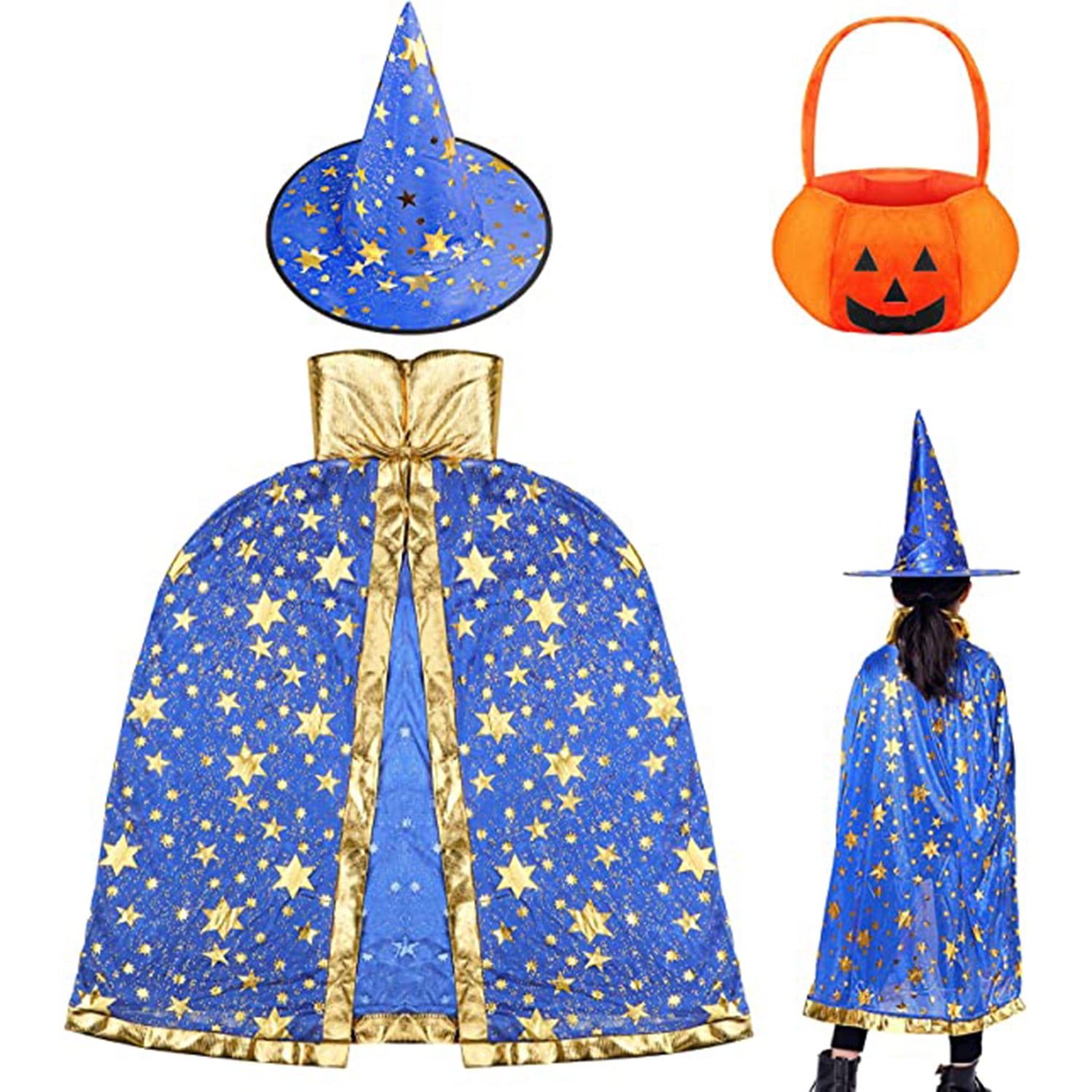 Chibi twin witches in Halloween costumes holding pumpkin trick-or-treat