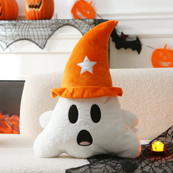 Halloween Ghost Plush Pillow – Soft Purple Hat Ghost with Star | 18.9” Decorative Plush Toy for Halloween Sofa & Party Decor