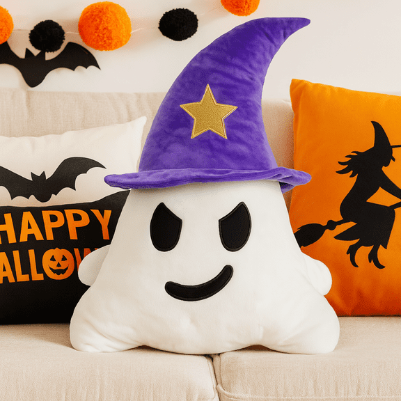 Halloween Ghost Plush Pillow – Soft Purple Hat Ghost with Star | 18..9” Decorative Plush Toy for Halloween Sofa & Party Decor