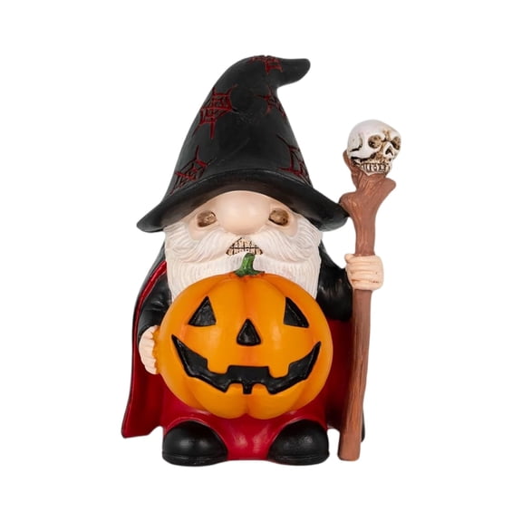 Halloween Wizard Gnome Figurine with Pumpkin and Skull Staff – Spooky Resin Decoration for Home, Garden, Office, Party Table, Indoor Outdoor Decor