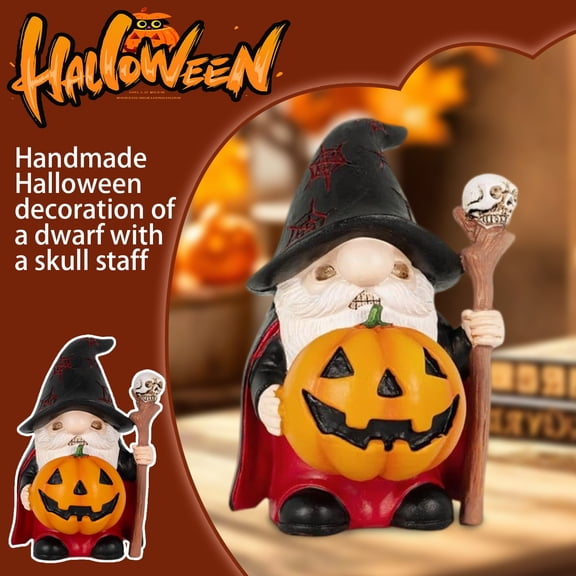 Halloween Wizard Gnome Statue with Pumpkin and Skull Staff,Resin Hand-Painted Dwarf Figurine, Halloween Decorations for Home Tabletop,Office,Indoor, Outdoor