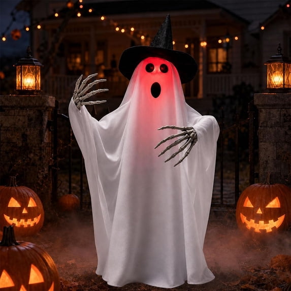 Halloween Wizard Hat Ghost Ornament, Hanging Luminous Ghost Decor with LED Light for Porch Tree Party (11.81x7.87x3.94in)