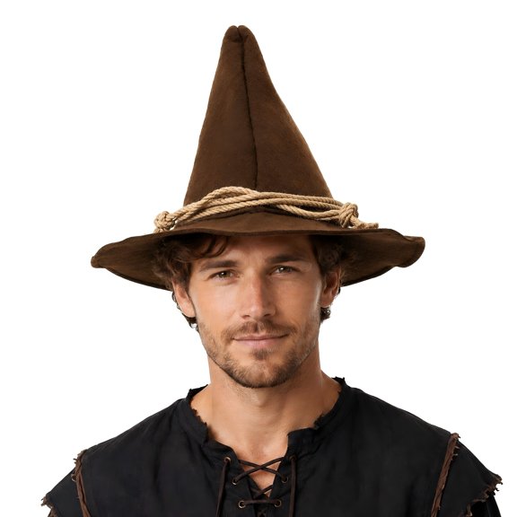 Halloween Wizard Hat for Adult, Felt Witch Hat with Rope Accent for Halloween Party and Scarecrow Dress Up (Brown)
