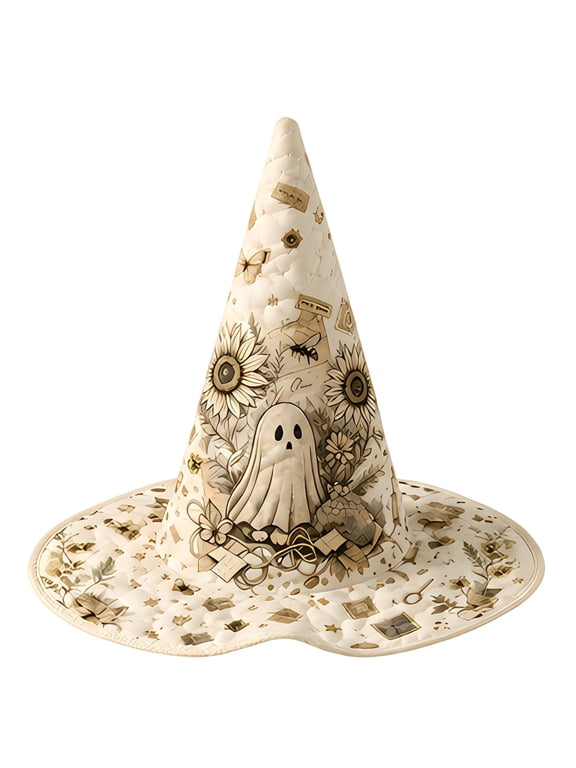 Halloween Wizard Hats for Women Classic Pointed Quilted Witches Hat Wide Brim Party Cosplay Accessories Beige One Size
