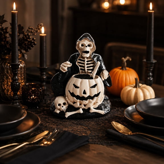 Halloween Wizard Skeleton Ornament Resin Figurine Gothic Decor, Spooky Meditation Skeleton Statue Table Display, Home Office Shelf Mantel Halloween Party Decoration for Gothic Collectors
