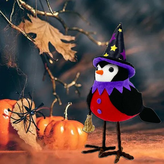 Halloween Wizard Standing Bird Figurine Decoration, Cute Ornament with Witch Hat Durable Stable Decor for Tabletop Mantel Window Display Holiday Party Wedding Indoor Home Office Festive Decor Gift