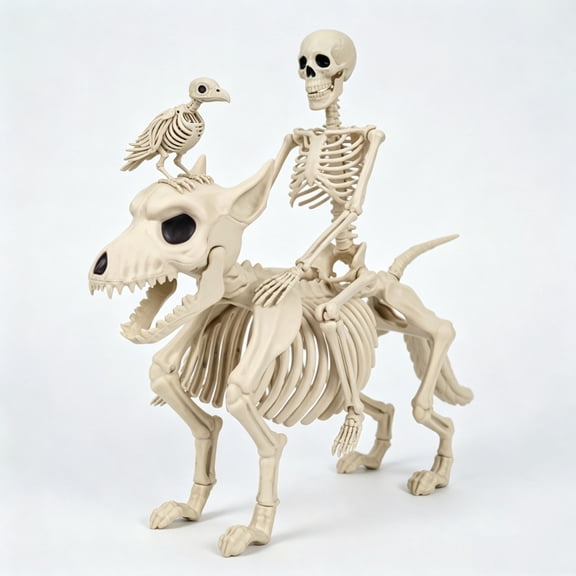 Halloween Wolf Crow Human Skeleton Dcor,Creepy Posable Skeletons Props,Realistic Human Skeleton Movable Joints Skeletons for Halloween Haunted House Indoor Outdoor Decor