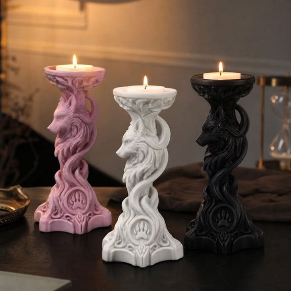Halloween Wolf Head Sculpture Candlestick,Specialized Candle Tray Intricate Carving Wide Stable Base,Themed Centerpiece for Fireplace Side Table Party Dining Space