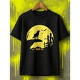 thumbnail image 1 of Halloween Wolf and Bat T Shirt Full Moon Print Graphic Tee Tops Trendy Short Sleeve Round Neck Black S-5XL, 1 of 5