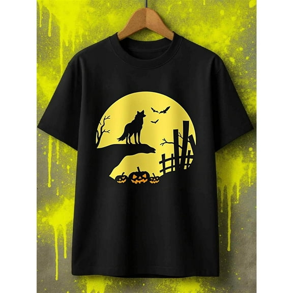 Halloween Wolf and Bat T Shirt Full Moon Print Graphic Tee Tops Short Sleeve Round Neck Black S-5XL