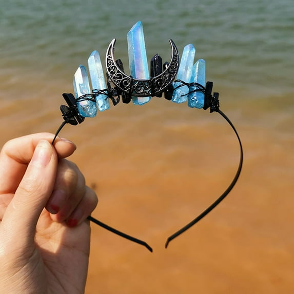 Halloween Women Amethyst Crystal Crown Headband Raw Quartz Tiara Moon Goddess Bridal Headpiece for Festival Wedding Party Photog (black-blue)
