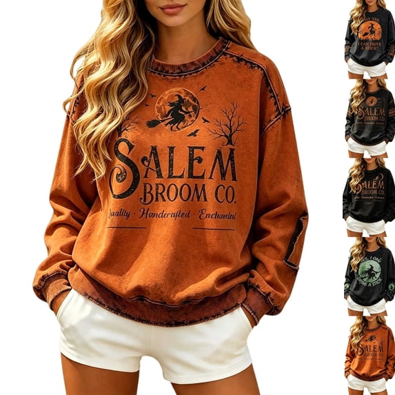 Halloween Women Bat Print Hooded Sweatshirt Distressed Loose Fit Long Sleeve Hoodie Comfortable Daily Tops for Holiday Costume Party Orange S