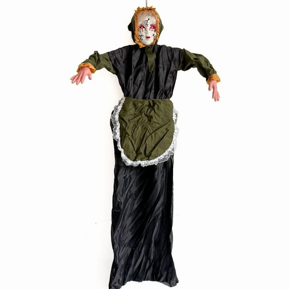 Halloween Women Ghost Decor,Hanging Ghost Maid Doll with Glowing Red Eyes and Spooky Sound, Animated Ghost Lighted Up Scary Halloween Props for Indoor,Outdoor,Haunted House,Yard