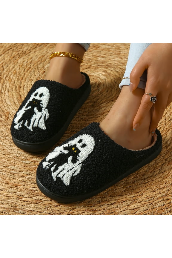 Halloween Women Ghost Slippers Cute Cartoon House Shoes Fuzzy Winter Warm Slides,Comfortable Soft Fleece Lining Non Slip Indoor Footwear,Spooky Black Cat Festival Holiday Bedroom Gift Wear