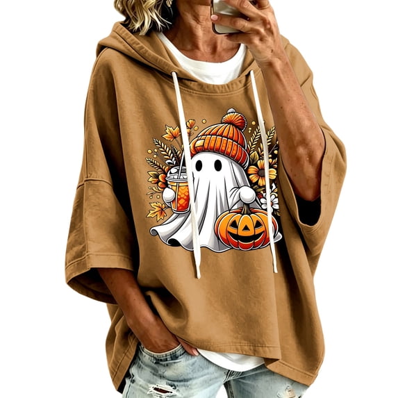 Halloween Women Hoodies Soft Ghost Pattern 3/4 Sleeve Party Pullover Sweatshirt Tops Fall Winter Warm Clothing Khaki XXXL