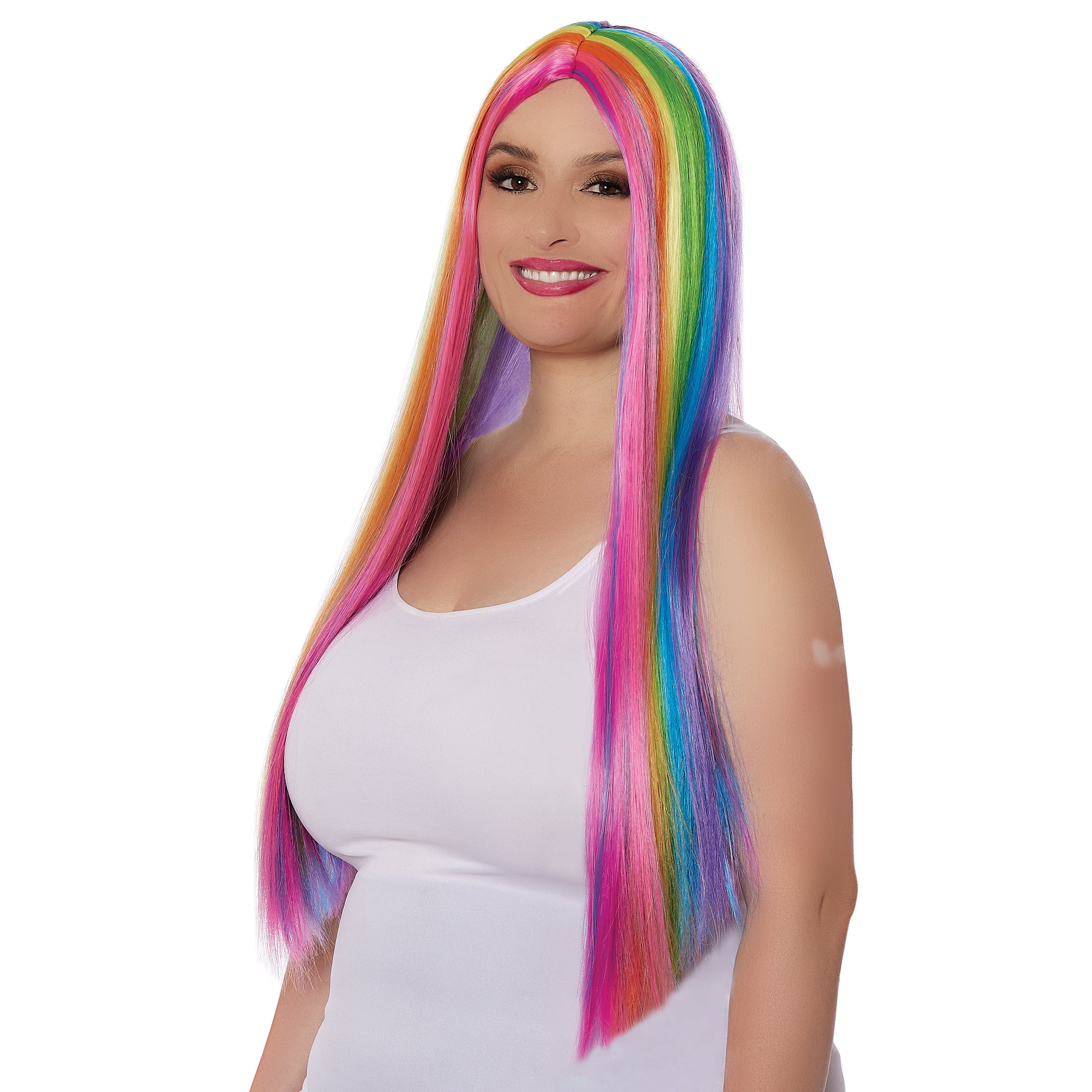 Halloween Women Neon Rainbow Costume Straight Wig Way to Celebrate