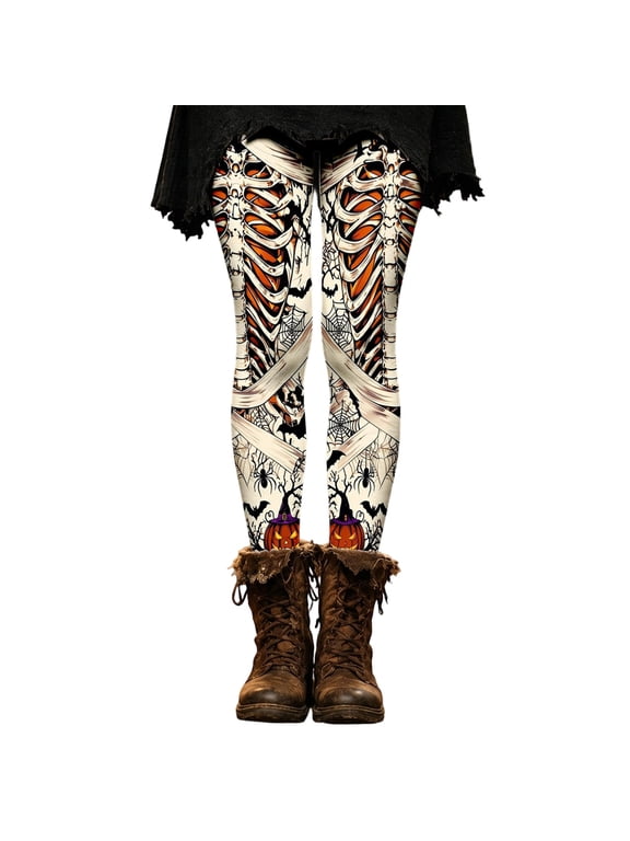 Halloween Women Skeleton Pumpkin Spider Web Print Leggings, High Waist Stretch Full Length Pants for Gothic Holiday Outfit