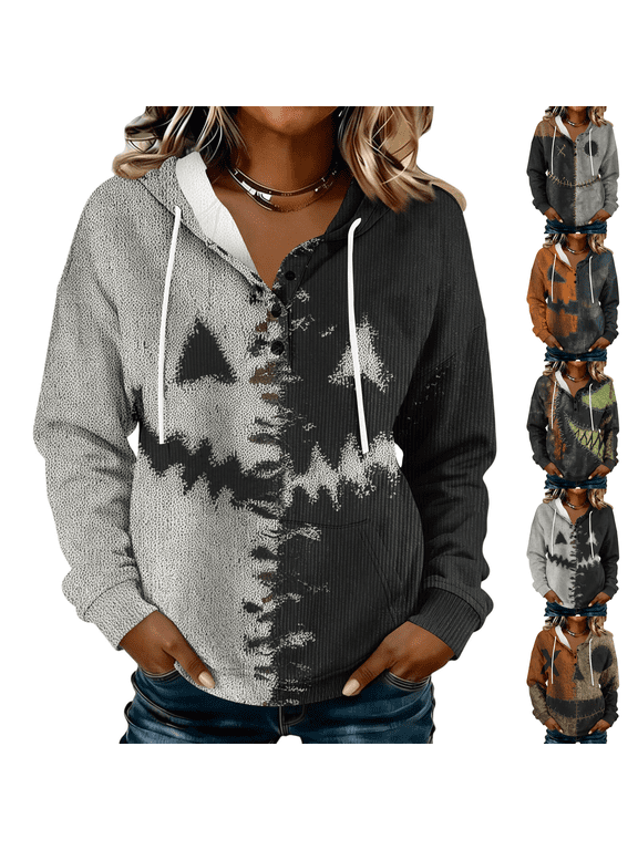 Halloween Women Sweatshirt Patchwork Print Button Henley Hoodie Soft Fleece Long Sleeve Pullover Casual Fall Holiday Outfit Gray S