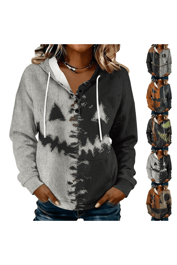 Halloween Women Sweatshirt Patchwork Print Button Henley Hoodie Soft Fleece Long Sleeve Pullover Casual Fall Holiday Outfit Gray S