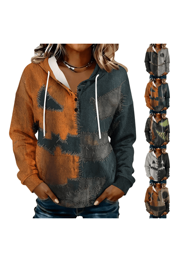 Halloween Women Sweatshirt Patchwork Print Button Henley Hoodie Soft Fleece Long Sleeve Pullover Casual Fall Holiday Outfit Orange L