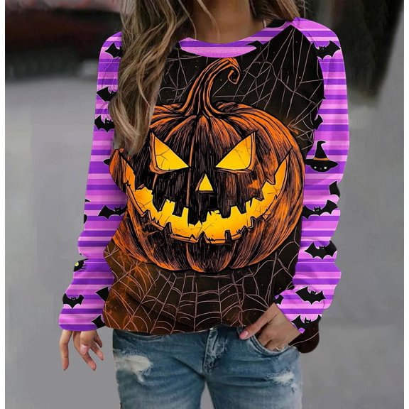 Halloween Women's Crewneck Sweatshirts Casual Loose Blouses Fashion Halloween Witch Ghost Printed Sweatshirt Long Sleeve Shirts Pullover Halloween Top Costumes