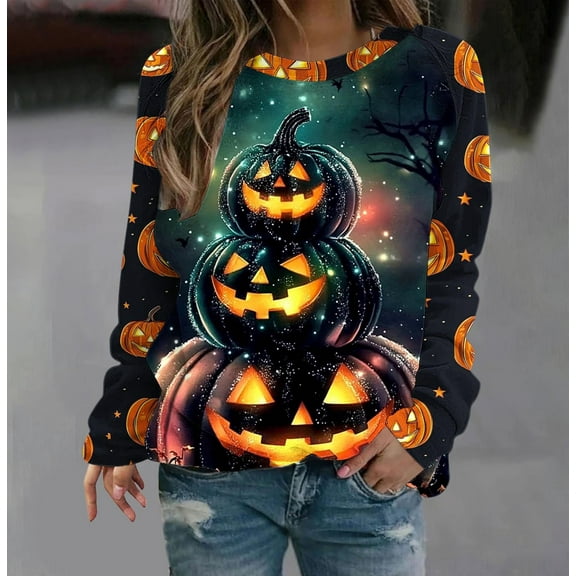 Halloween Women's Crewneck Sweatshirts Casual Loose Blouses Fashion Halloween Witch Ghost Printed Sweatshirt Long Sleeve Shirts Pullover Halloween Top Costumes