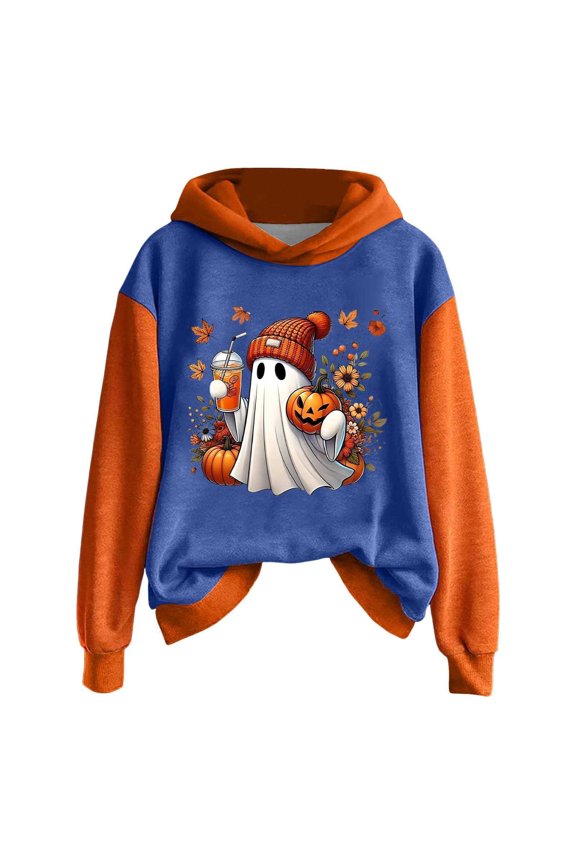 Halloween Women's Ghost Hooded Sweatshirt, Halloween Light Pattern Round-Neck Pullover, Blue S