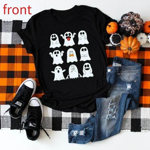 Halloween Ghost Squad Tee Adorable Graphic Group Top Short Sleeve Round Neck Casual Black S-5XL