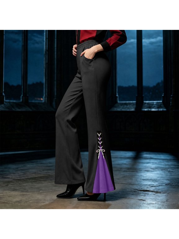 Halloween Women's Gothic Color Block Flare Pants, Elastic High Waist, Lace-Up Split Hem Design, Side Pocket, Stretch Comfort Fabric, Suitable For Halloween Theme Parties Purple M