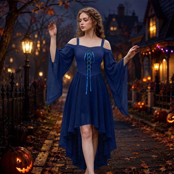 Halloween Women's Gothic Hi-Lo Dress, Cold Shoulder Spaghetti Strap, Chiffon Bell Sleeve, Front Lace-Up Corset, Asymmetrical Hem, Suitable For Renaissance Theme Parties Navy M