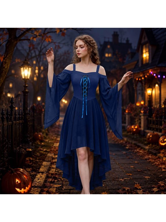 Halloween Women's Gothic Hi-Lo Dress, Cold Shoulder Spaghetti Strap, Chiffon Bell Sleeve, Front Lace-Up Corset, Asymmetrical Hem, Suitable For Renaissance Theme Parties Navy S