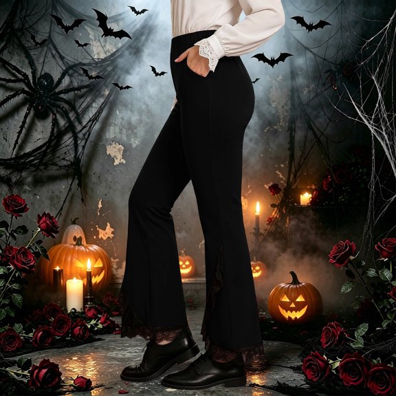 Halloween Women's Gothic Side Lace Trim Flare Pants, Elastic Waist Casual Trousers, Side Lace Detail, Side Pockets, Comfort Fabric, Suitable For Gothic Role-Play Events Black XXL