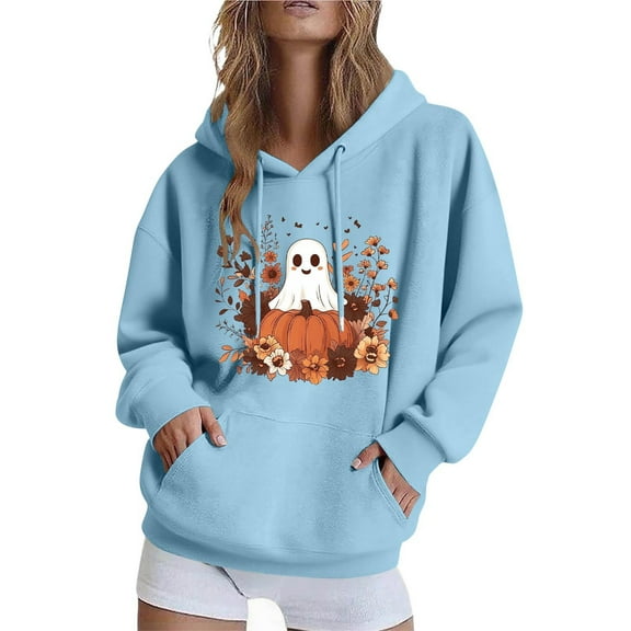 Halloween Women's Hoodies Cute Ghost Printed Jacket Fall Winter Fleece Hooded Sweatshirts Casual Loose Long Sleeve Top Halloween Pullover Outwears with Pocket