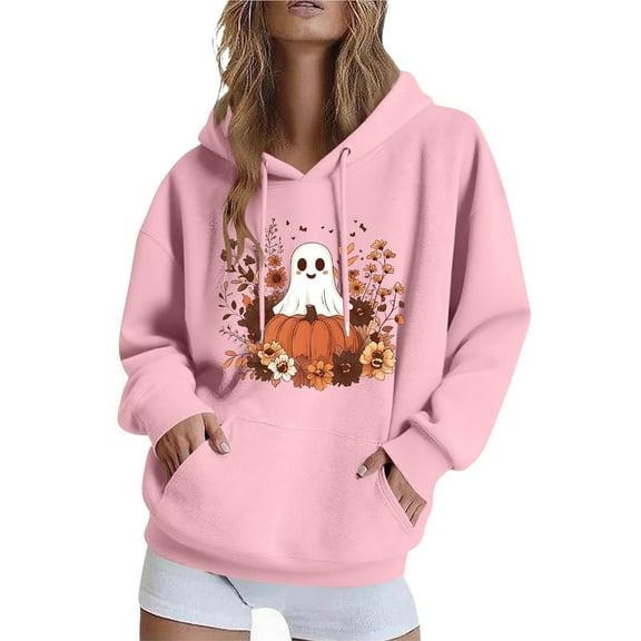 Halloween Women's Hoodies Cute Ghost Printed Jacket Fall Winter Fleece Hooded Sweatshirts Casual Loose Long Sleeve Top Halloween Pullover Outwears with Pocket