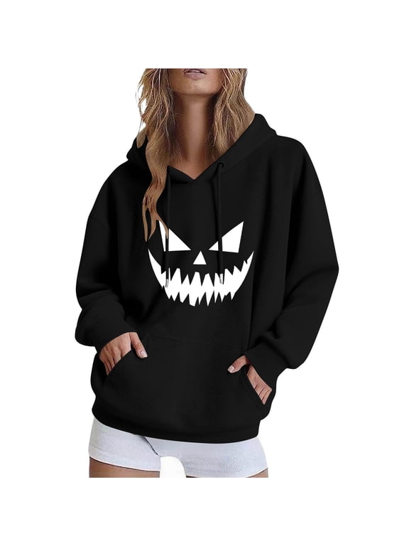 Halloween Women's Hoodies Spooky Devil Expression Printed Hooded Sweatshirts Casual Loose Fleece Jacket 2025 Fall Halloween Costume Long Sleeve Sweaters Pullover with Pocket