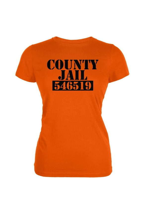 Women's Juniors County Jail Inmate Costume Orange Short Sleeve Graphic Tee