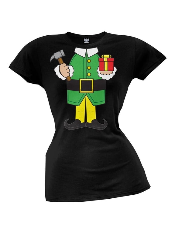 Women's Juniors Elf Body Costume White Short Sleeve Graphic Tee