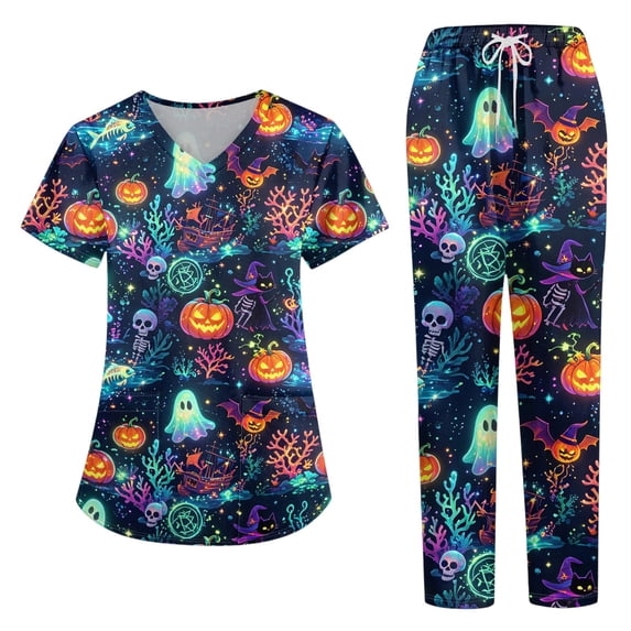 Halloween Women's Medical Scrub Set, V-Neck Short Sleeve Top & Straight Leg Pants, 2-Piece Work Uniform with Multi Pockets for Nurses & Healthcare Staff, Cyan, XL