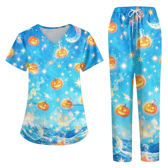 Halloween Women's Medical Scrub Set, V-Neck Short Sleeve Top & Straight Leg Pants, 2-Piece Work Uniform with Multi Pockets for Nurses & Healthcare Staff, Multicolor, L