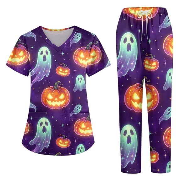 Halloween Women's Medical Scrub Set, V-Neck Short Sleeve Top & Straight Leg Pants, 2-Piece Work Uniform with Multi Pockets for Nurses & Healthcare Staff, Orange, S