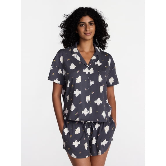 Way To Celebrate Women's Halloween Notched Top and Shorts Pajama Set, 2-Piece, Gray Lead, Size M