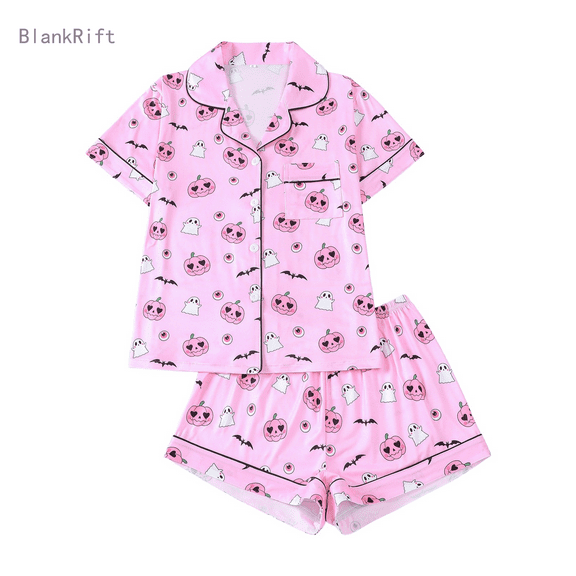 Halloween Women's Pajama Sets Smooth Cute Print Collar Short Sleeve Button Up Nightwear and Shorts Lightweight 2 Piece Home Wear Set Relaxed Fit Cute Pj Sets Woman