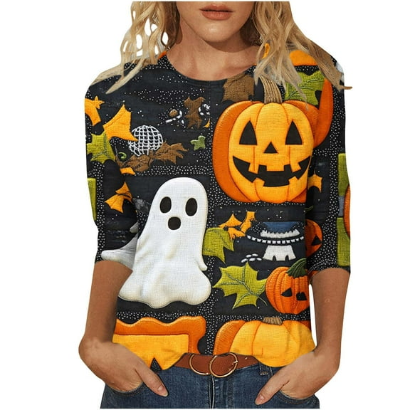 Halloween Women's Shirts 3/4 Length Sleeve Blouses Pullover Colorful Witch Ghost Pumpkin Printed T Shirt Crewneck Tunic Tops Casual Halloween Costumes