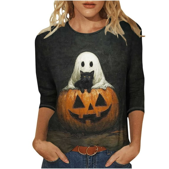 Halloween Women's Shirts Fall Crewneck Blouses Pullover 3/4 Length Sleeve Tunic Tops Funny Cute Witch Ghost Printed Sweatshirts Halloween Costume Gifts