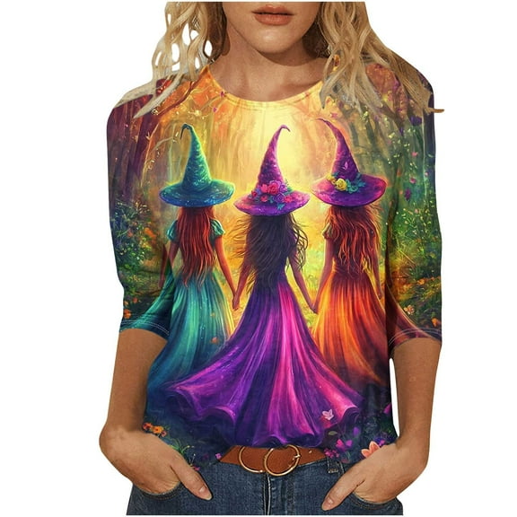 Halloween Women's Shirts Fall Crewneck Blouses Pullover 3/4 Length Sleeve Tunic Tops Funny Cute Witch Ghost Printed Sweatshirts Halloween Costume Gifts
